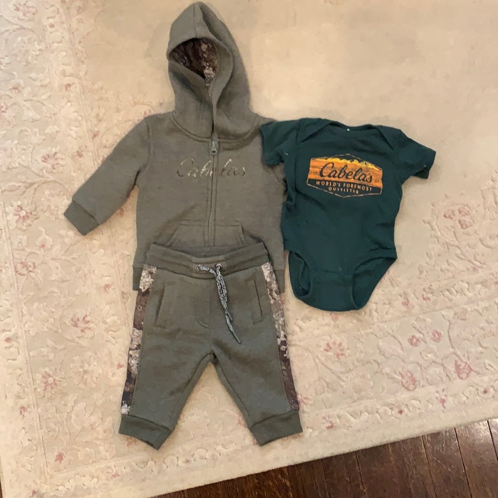 Cabelas 6-12m sweatsuit and onesie